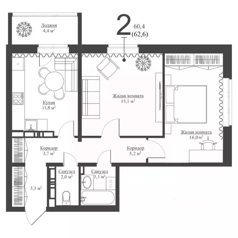 2-к кв. Татарстан, Зеленодольск Мирный мкр,  (60.4 м) - Фото 1