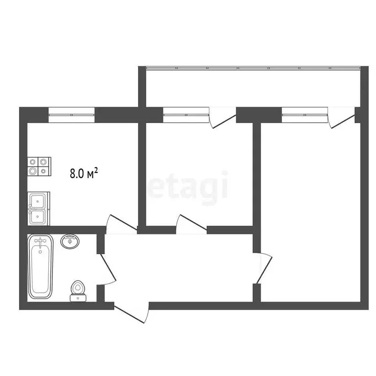 Квартира, 2 комнаты, 46.6 м - Фото 1