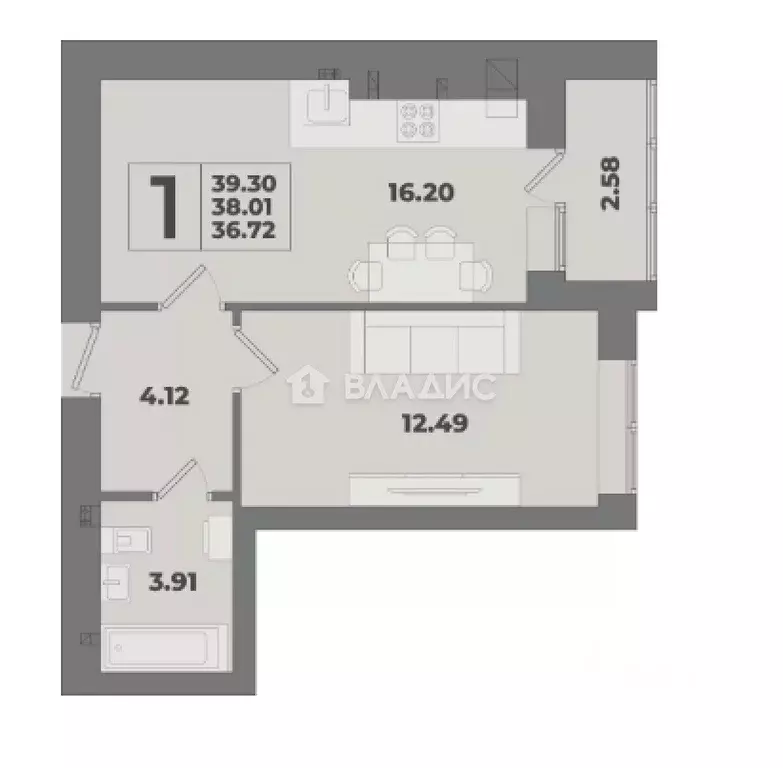 1-к кв. Калининградская область, Калининград ул. Флагманская, 3А (39.3 ... - Фото 2