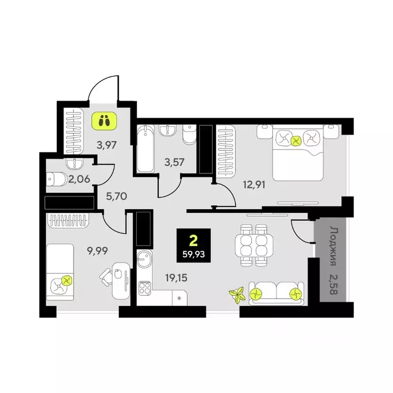 2-к кв. Тюменская область, Тюмень ул. Андрея Приказнова, 2 (59.93 м) - Фото 1