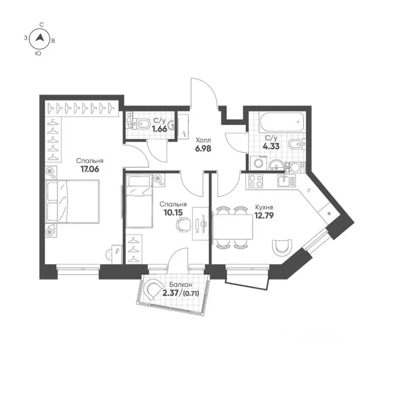 2-к кв. Татарстан, Казань Счастье в Казани жилой комплекс (53.68 м) - Фото 1
