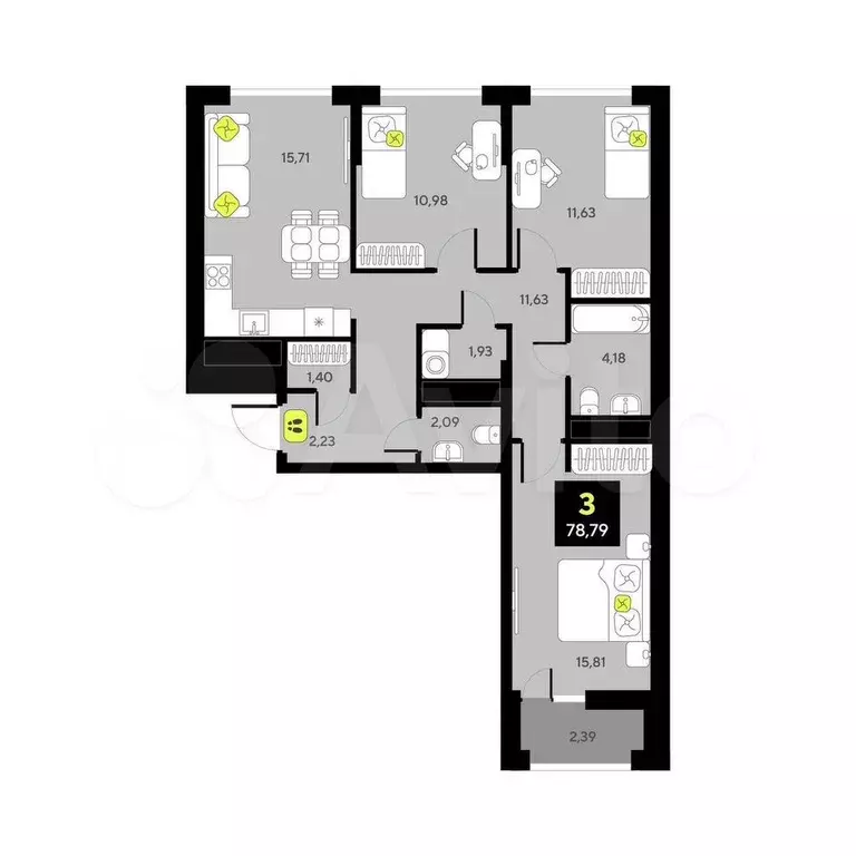 3-к. квартира, 78,8 м, 5/5 эт. - Фото 0
