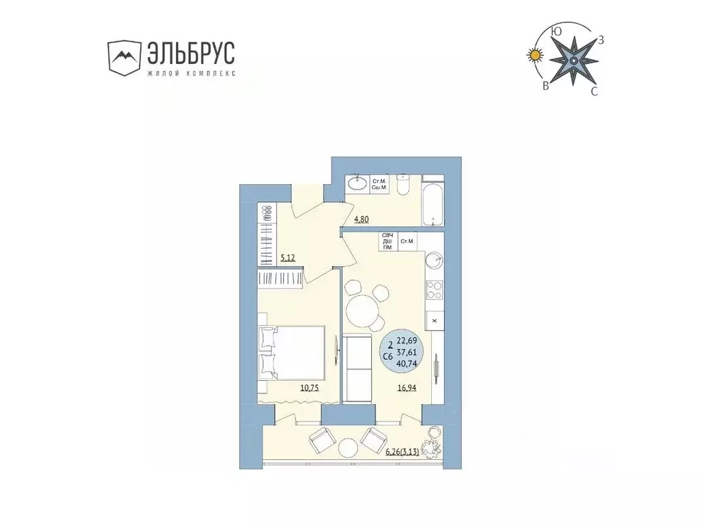 2-к кв. Башкортостан, Уфа Кавказская ул., 24 (40.74 м) - Фото 0