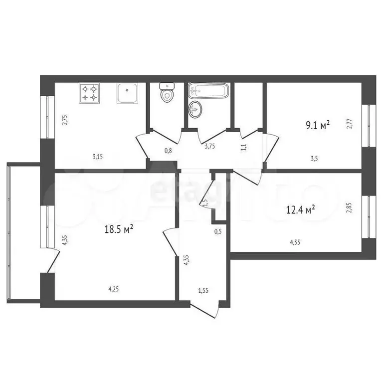 3-к. квартира, 65,4 м, 5/9 эт. - Фото 1