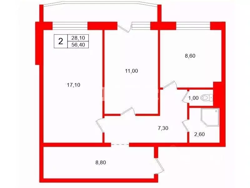 Квартира, 2 комнаты, 56.4 м - Фото 1