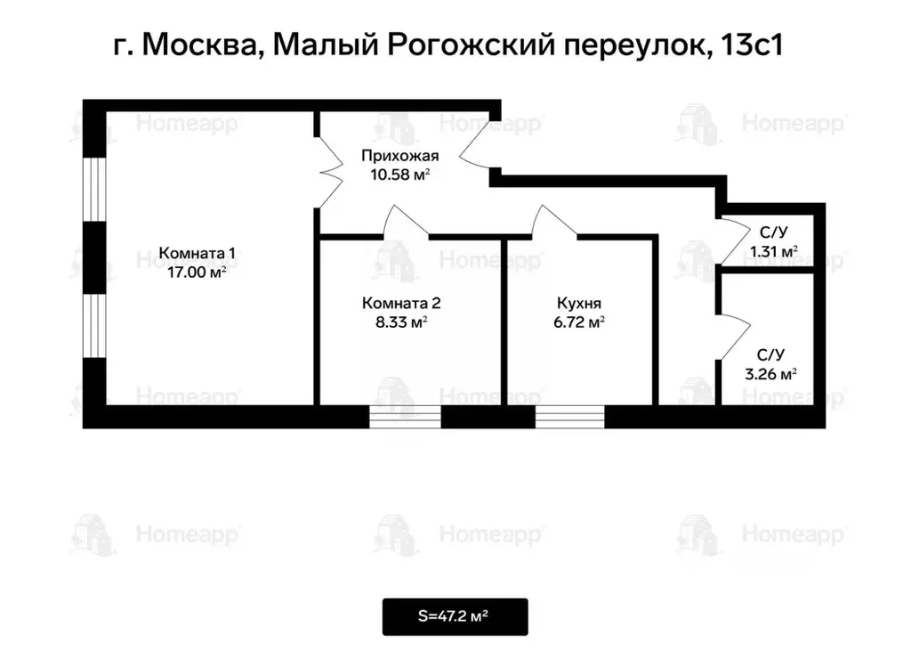 2-к кв. Москва Малый Рогожский пер., 13С1 (47.2 м) - Фото 2