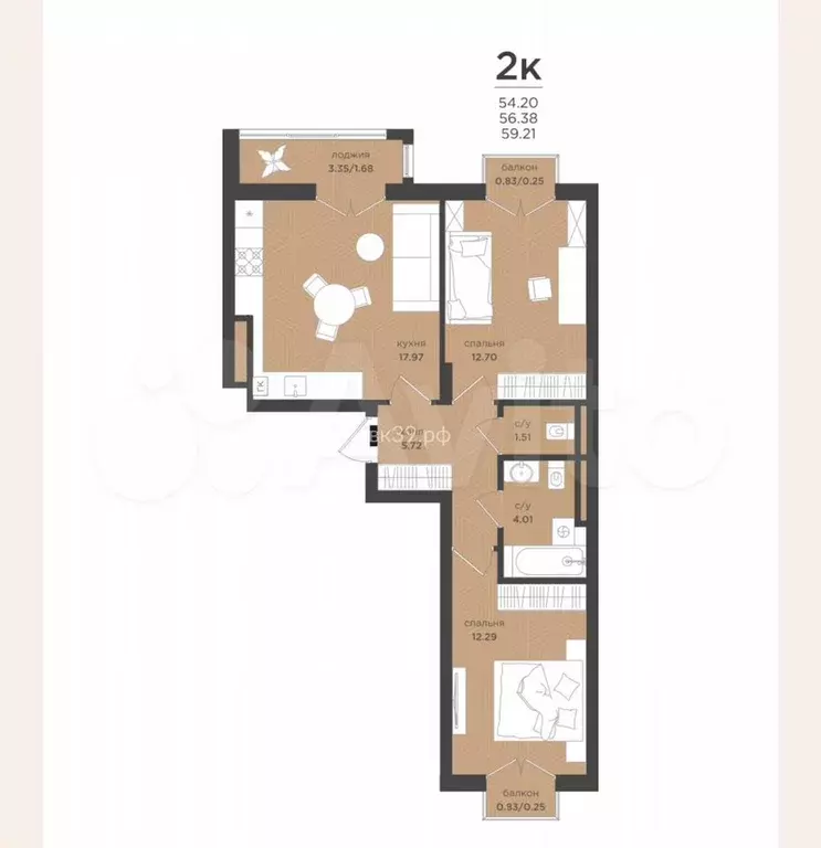2-к. квартира, 56,4 м, 4/4 эт. - Фото 1