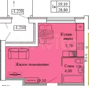 Квартира-студия, 28,8 м, 1/3 эт. - Фото 0