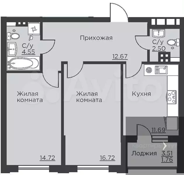 2-к. квартира, 64,6 м, 2/18 эт. - Фото 0