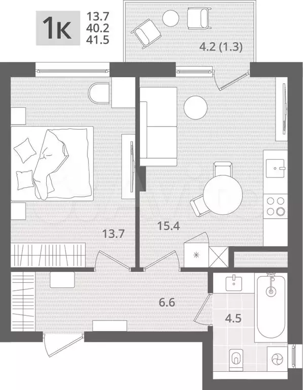 1-к. квартира, 41,5 м, 4/7 эт. - Фото 1