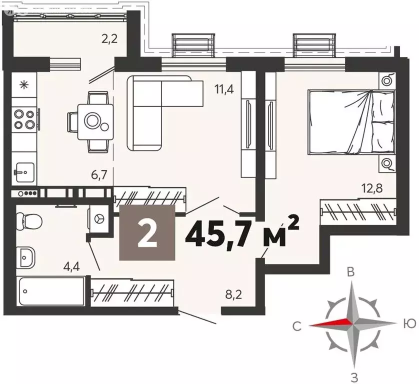 2-комнатная квартира: Пенза, ЖК Новелла (45.7 м) - Фото 0