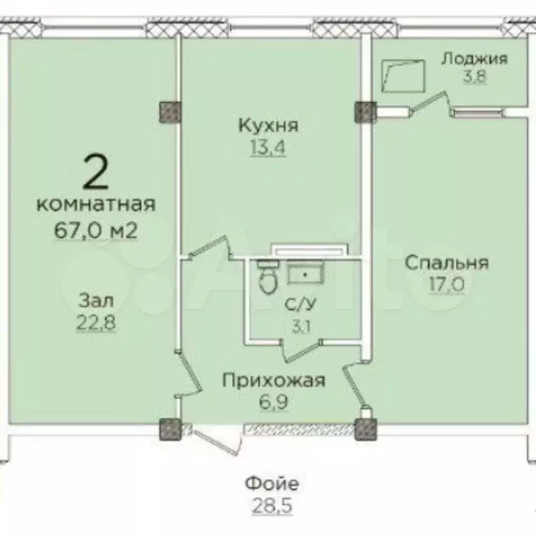 2-к. квартира, 67 м, 1/7 эт. - Фото 0