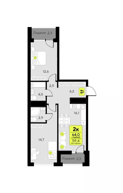 2-комнатная квартира: Тюмень, улица Первооткрывателей, 9 (64 м) - Фото 1