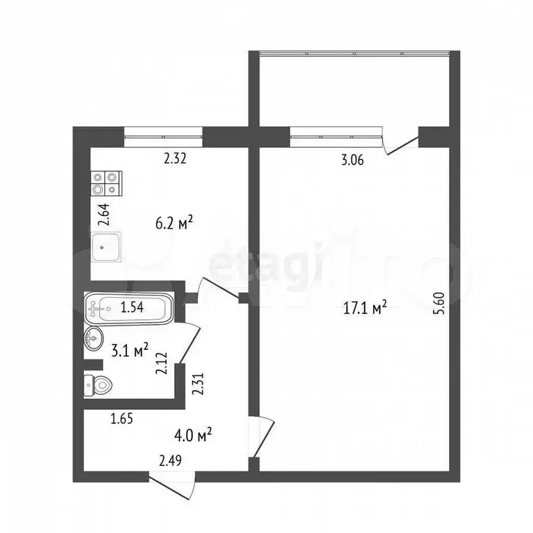 1-к. квартира, 30,3 м, 2/5 эт. - Фото 0