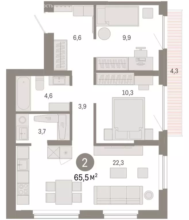 2-комнатная квартира: Новосибирский район, рабочий посёлок Краснообск, ... - Фото 2
