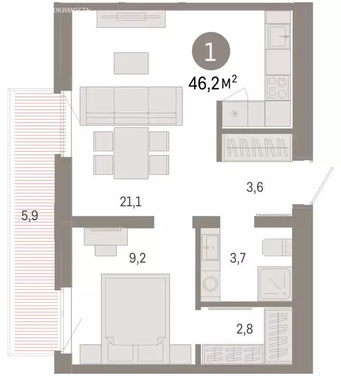 1-комнатная квартира: Тюмень, Ленинский округ (46.15 м) - Фото 1