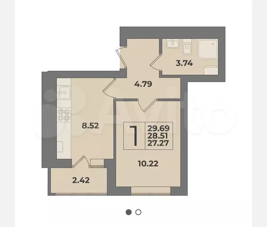 1-к. квартира, 29,7 м, 3/9 эт. - Фото 1