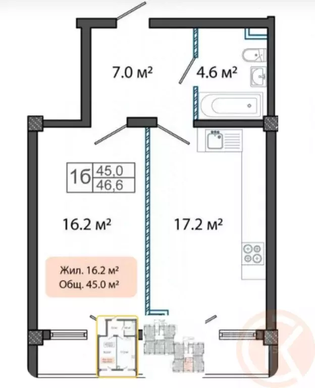1-к кв. Крым, Евпатория просп. Ленина, 68к43 (46.6 м) - Фото 2
