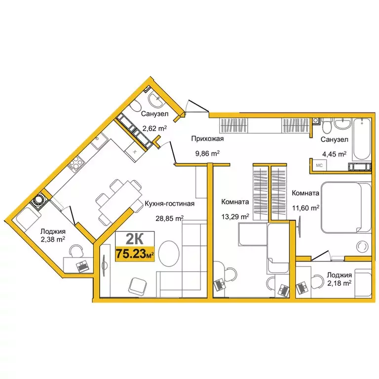 2-комнатная квартира: Симферополь, улица Батурина, 177к2 (70.8 м) - Фото 1