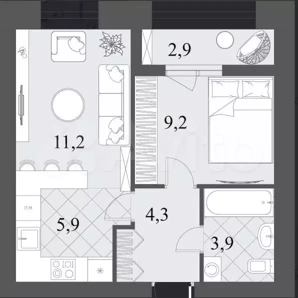 1-к. квартира, 34,6 м, 5/9 эт. - Фото 0