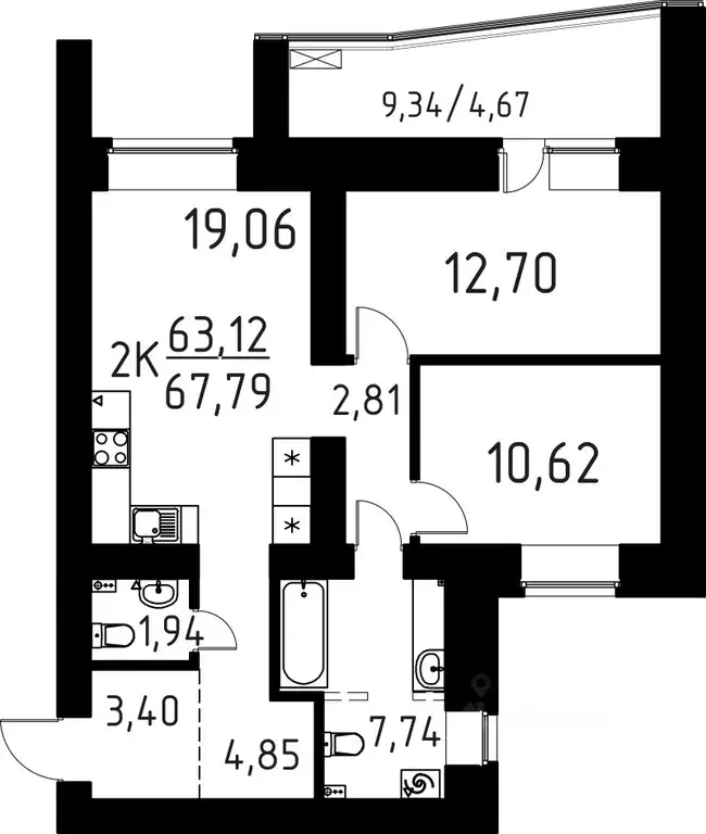 2-к кв. Томская область, Томск ул. Вершинина, 58к1 (67.79 м) - Фото 0