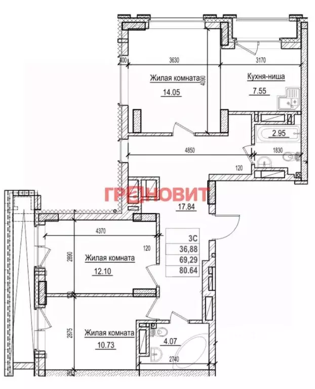 3-к кв. Новосибирская область, Новосибирск Фабричная ул., 65/4 (69.2 ... - Фото 0