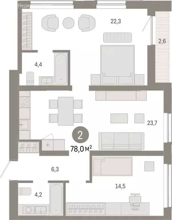 2-комнатная квартира: Новосибирск, Большевистская улица, с49 (77.95 м) - Фото 1