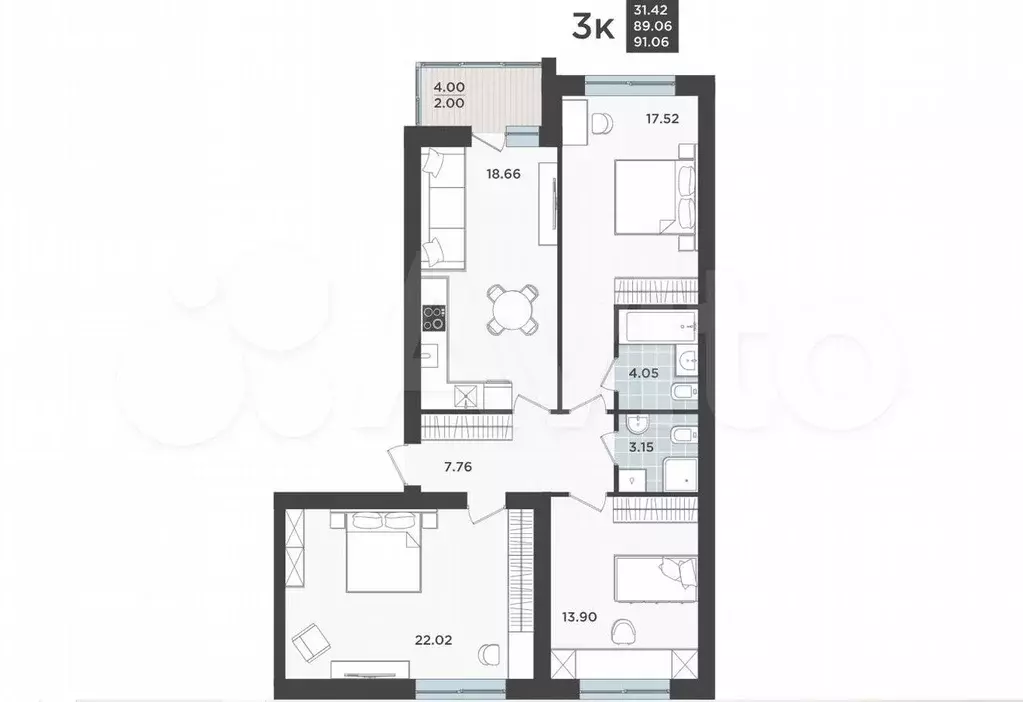 3-к. квартира, 89,1 м, 1/9 эт. - Фото 1