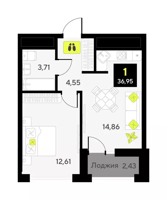 1-комнатная квартира: Тюмень, улица Андрея Приказнова, 1 (35 м) - Фото 1