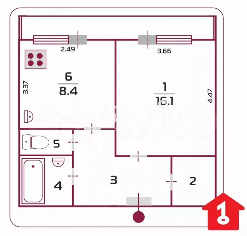 1-к. квартира, 36,3 м, 1/5 эт. - Фото 0