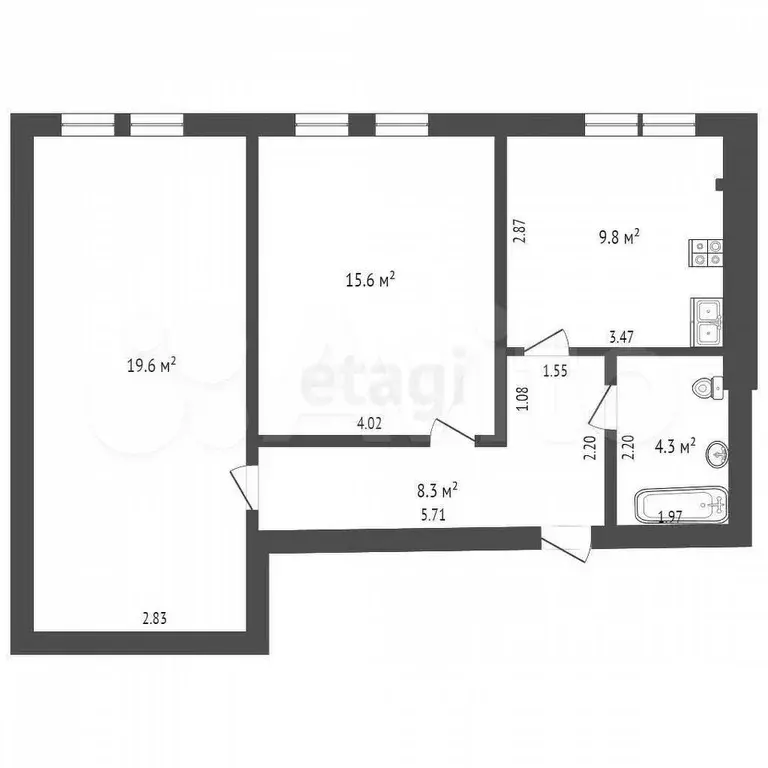 2-к. квартира, 57,6 м, 4/5 эт. - Фото 0