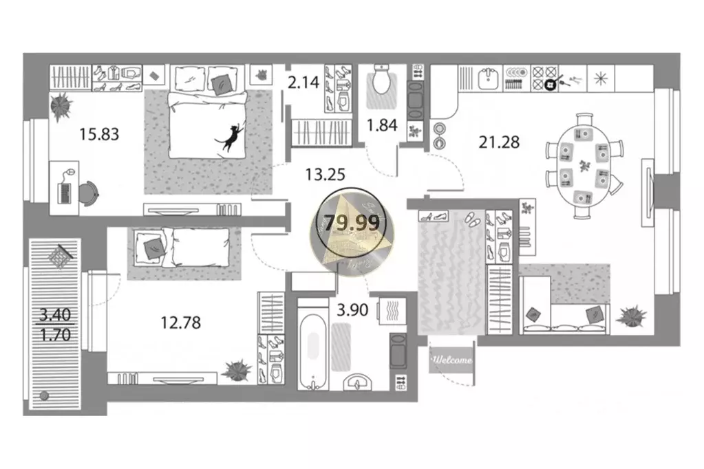 2-к кв. Санкт-Петербург просп. Авиаконструкторов, 54 (79.99 м) - Фото 2