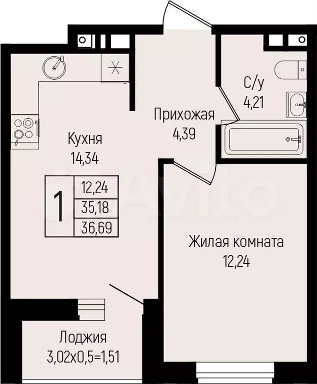 1-к. квартира, 36,7 м, 9/15 эт. - Фото 0
