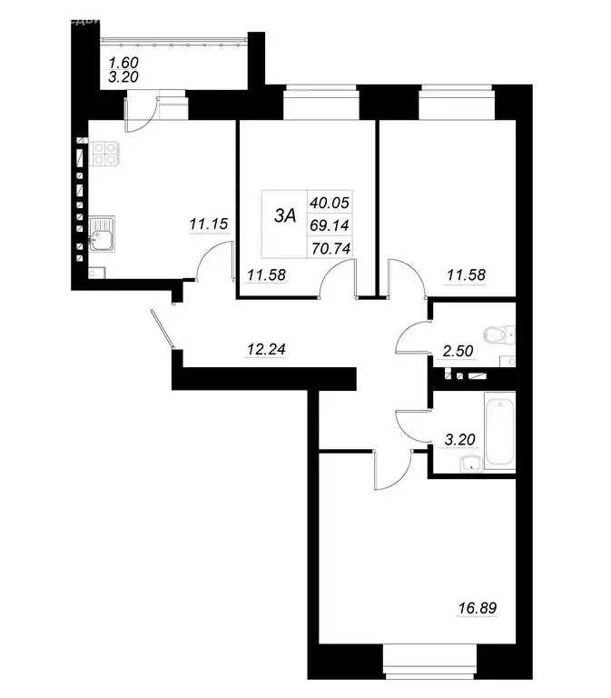 3-комнатная квартира: село Осиново, улица Марата Ахметшина, 8 (70.4 м) - Фото 1