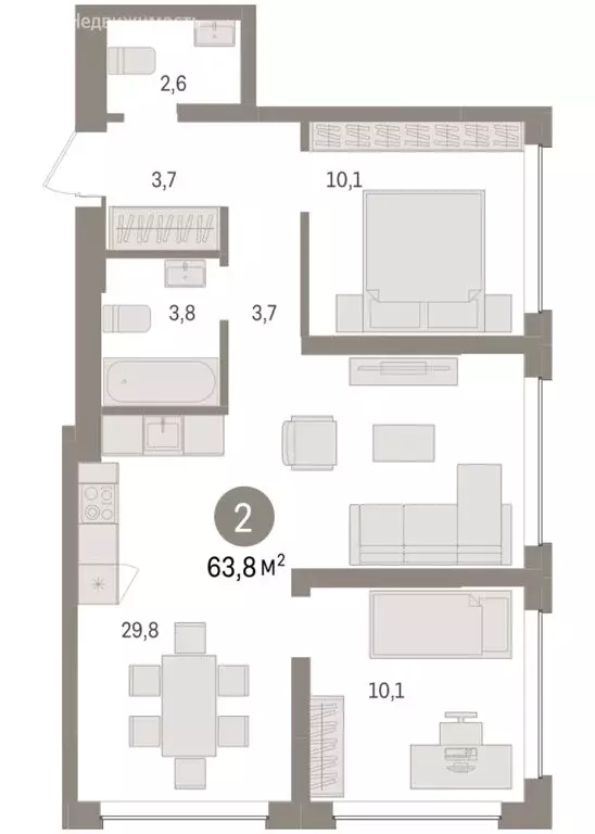 2-комнатная квартира: Тюмень, Урайская улица (63.82 м) - Фото 2
