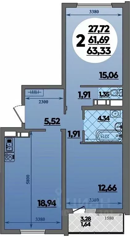 2-к кв. Адыгея, Майкоп ул. Михайлова, 7 (63.33 м) - Фото 1