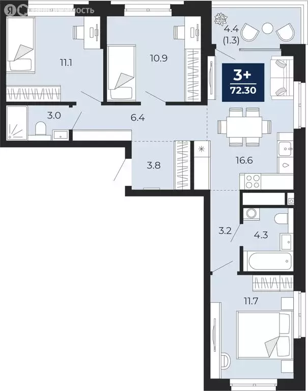 3-комнатная квартира: Тюмень, проезд Капитана Куликова, 7 (75.4 м) - Фото 1