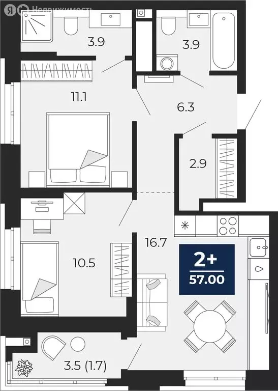 2-комнатная квартира: Тюмень, проезд Капитана Куликова, 7 (58.8 м) - Фото 1