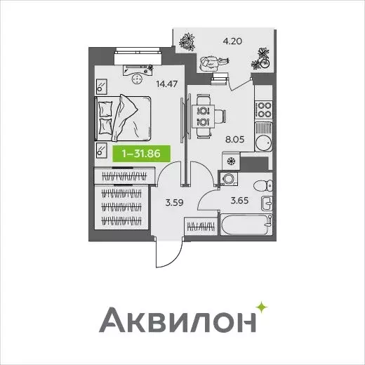 1-комнатная квартира: Архангельская область, Северодвинск (31.86 м) - Фото 0