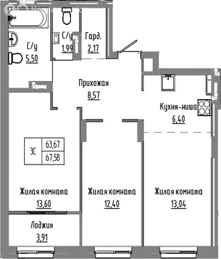 2-комнатная квартира: Краснообск, жилой комплекс Базилик (63.67 м) - Фото 1