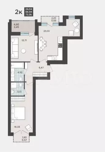 2-к. квартира, 66,9 м, 9/9 эт. - Фото 1