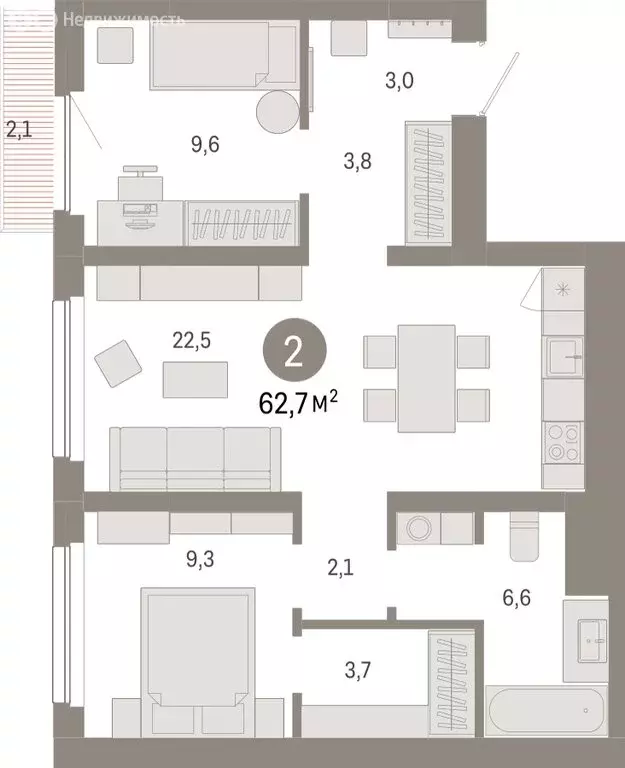 2-комнатная квартира: Новосибирск, квартал Лебедевский (62.7 м) - Фото 1