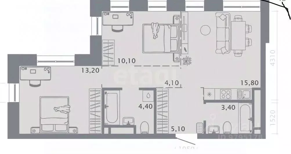 2-к кв. Татарстан, Казань ул. Бондаренко, 34 (51.1 м) - Фото 2