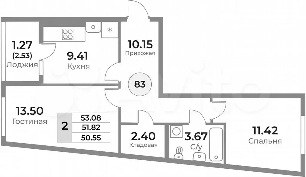 2-к. квартира, 53,1 м, 1/10 эт. - Фото 1