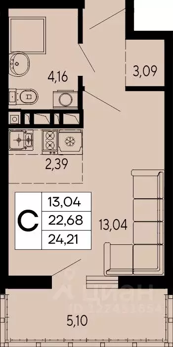Студия Адыгея, Майкоп 9 Мая ул. (24.21 м) - Фото 1