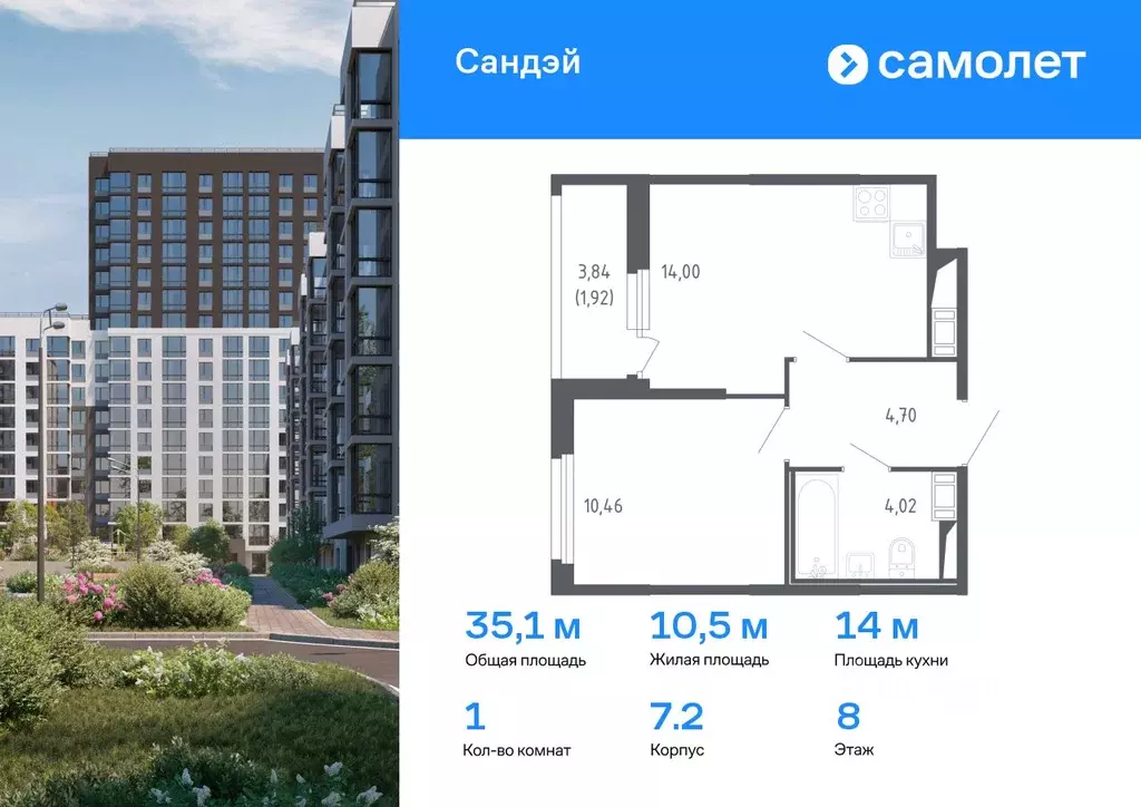 1-к кв. Санкт-Петербург Сандэй жилой комплекс, 7.2 (35.1 м) - Фото 0