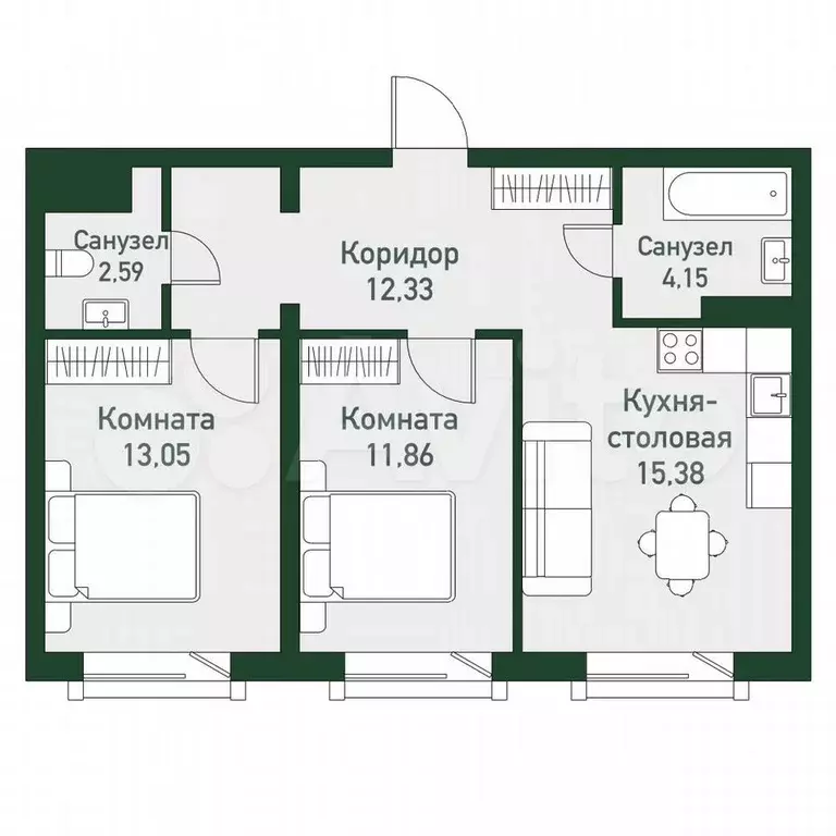 2-к. квартира, 60,5 м, 4/7 эт. - Фото 0