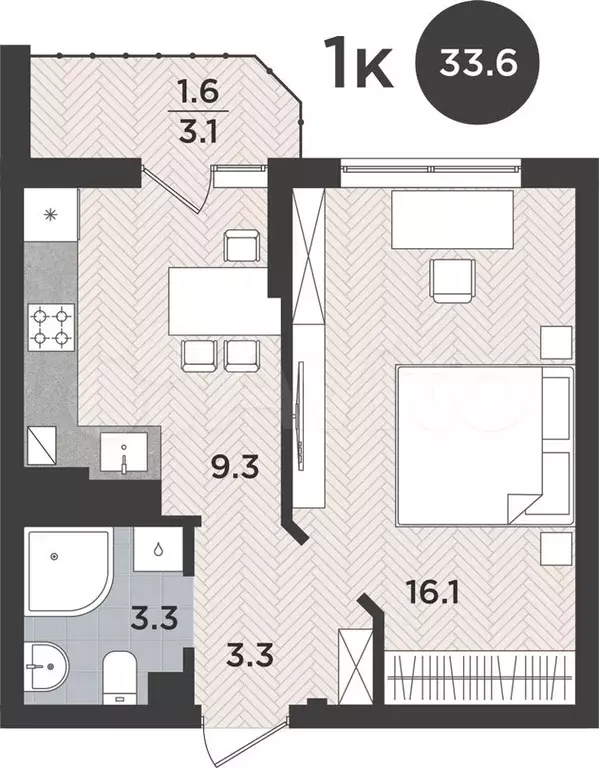 1-к. квартира, 33,6 м, 2/9 эт. - Фото 0