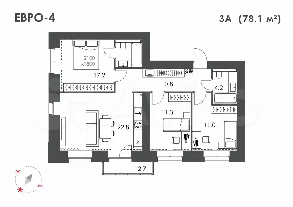 3-к. квартира, 78,1 м, 3/16 эт. - Фото 0