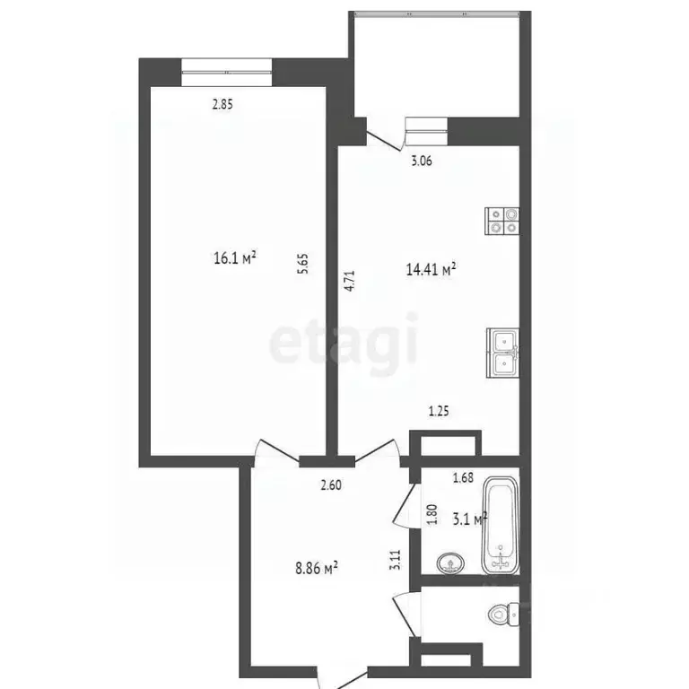 1-к кв. Тюменская область, Тюмень ул. Николая Федорова, 17к2 (42.9 м) - Фото 1